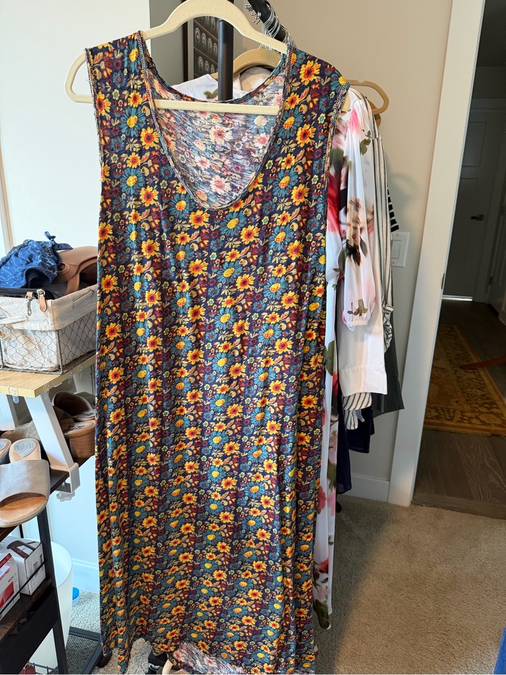 Natural Life Floral Sunflower Print Sleeveless Maxi Dress - Yellow on Navy M